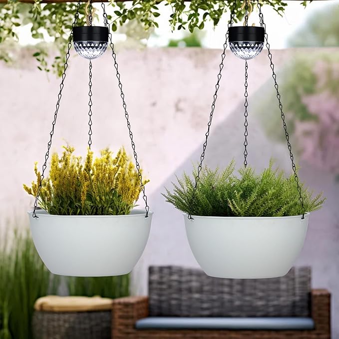 2 Packs Hanging Planters Basket for Outdoor Plants, Solar Powered Self Watering White Round Plastic Flower Pots with Drainer for Balcony Patio Garden Outdoor Decoration-HomvellaHome