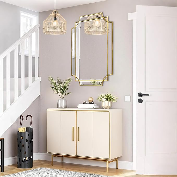 Gold Mirror for Wall, 36x24 Gold Wood Framed, Scalloped Beveled Polished Rectangle Mirror, Large Decorative Mirrors for Wall Decor, Irregular Mirror for Living Room, Bathroom Vanity, Entryway-HomvellaHome