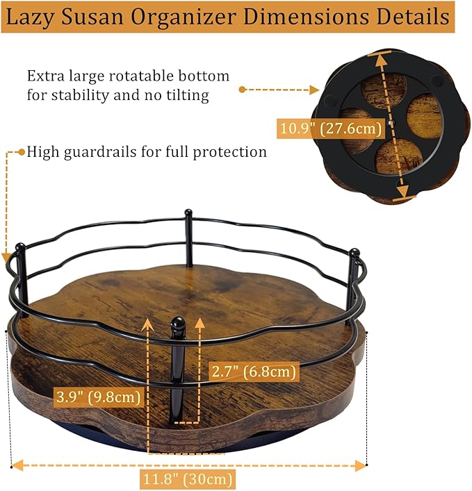 12" Lazy Susan Turntable Organizer with Higher Metal Sides, Wooden Lazy Susan Spice Rack Organization and Storage for Cabinet,Kitchen,Countertop,Table Top,Dining Table,Coffee Bar Decor-HomvellaHome