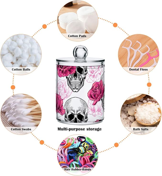 2 Pack Qtip Holder Dispenser Skull Rose Flower Bathroom Storage Canister Lid Acrylic Plastic Apothecary Jar Set Vanity Makeup Organizer for Cotton Swab/Ball/Round Pads, Floss-HomvellaHome