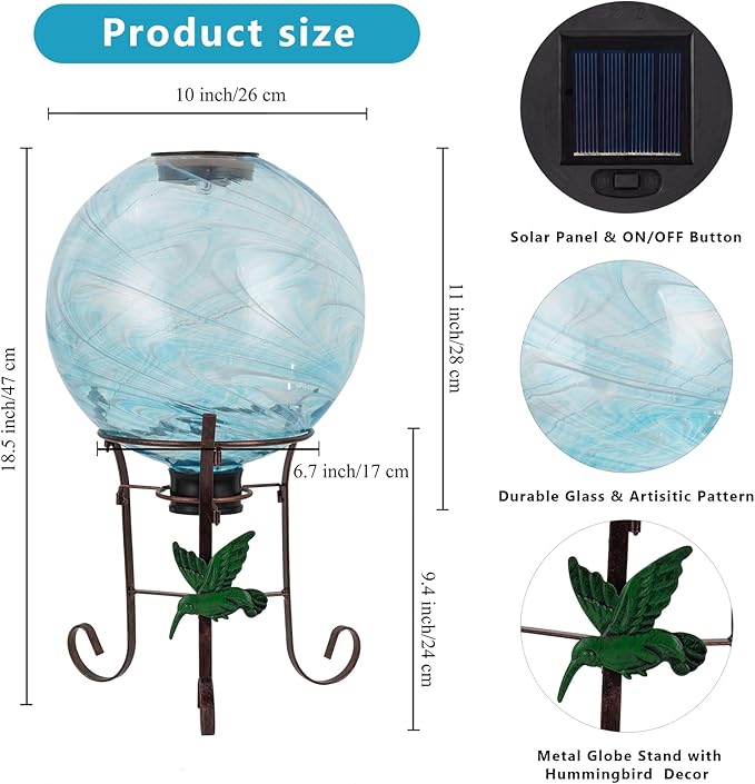 10 Inch Solar Glass Gazing Ball, with 9.4" Tall Metal Gazing Globe Stand, Solar Ball Lights Display Holder Set for Outdoor Garden Lawn Yard Decoration, Blue Water Ripple-HomvellaHome