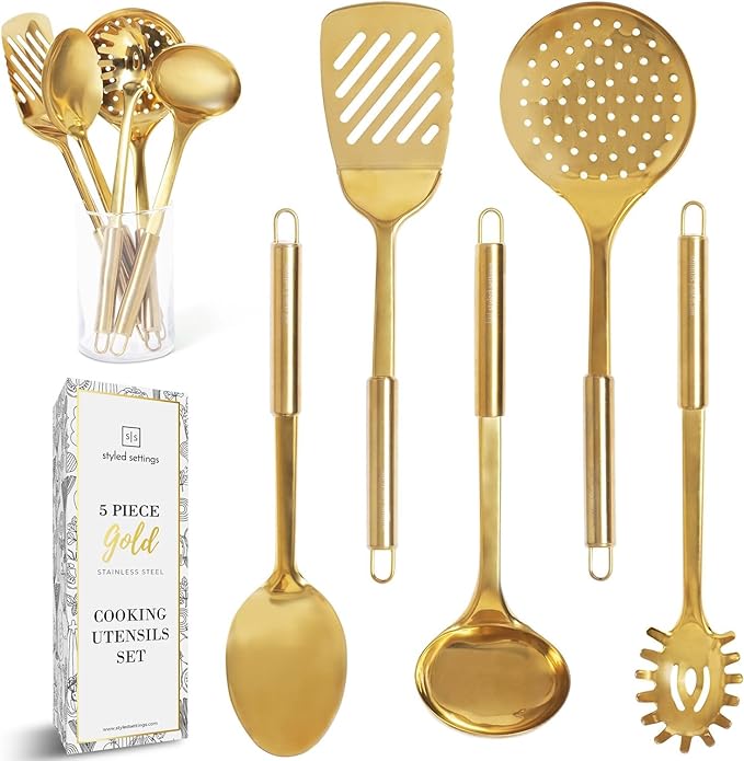 Gold Cooking Utensils Set – 5-Piece Stainless Steel Kitchen Tools for Modern Cooking and Serving – Dishwasher Safe Ladle, Spoon, Spatula, Pasta Fork, Luxury Brass Kitchen Accessories for Home Chefs-HomvellaHome