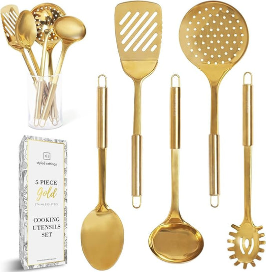 Gold Cooking Utensils Set – 5-Piece Stainless Steel Kitchen Tools for Modern Cooking and Serving – Dishwasher Safe Ladle, Spoon, Spatula, Pasta Fork, Luxury Brass Kitchen Accessories for Home Chefs-HomvellaHome