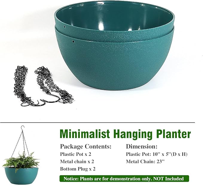 10 inch Hanging Planters for Outdoor Indoor Plants with Drainage Holes and Chain, 2 Pack Round Hanging Flower Pots for Garden Home Porch Decor, Blue Green-HomvellaHome