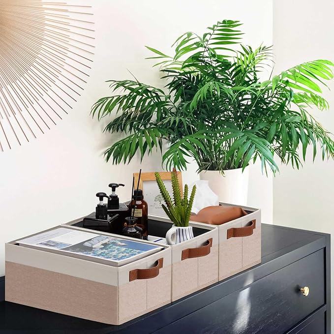 GhvyenntteS Small Fabric Storage Bins 12 Pack, 11.8" x 7.87" x 5.11" Storage Basket with Leather Handles, Closet Storage Bins for Shelves, Storage Baskets for Shelves, DVD Storage (Pink/White)-HomvellaHome