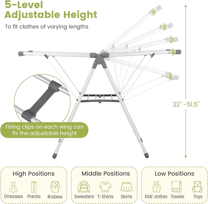 Giantex Clothes Drying Rack, 2-Layer Aluminum Foldable Laundry Drying Rack with 5-Level Adjustable Height, 21 Drying Rails, 10 Side Clips, 4 Shoe Holders, Space Saving Collapsible Laundry Drying Rack-HomvellaHome