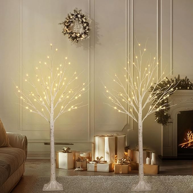 2 Pack 4FT 100LED Christmas Lighted Birch Tree, Timer Function Prelit Artificial Tree Lamp Plug in with Warm White Lights, 2 Modes Twinkling Twig Trees for Indoor Outdoor Party Christmas Decorations-HomvellaHome