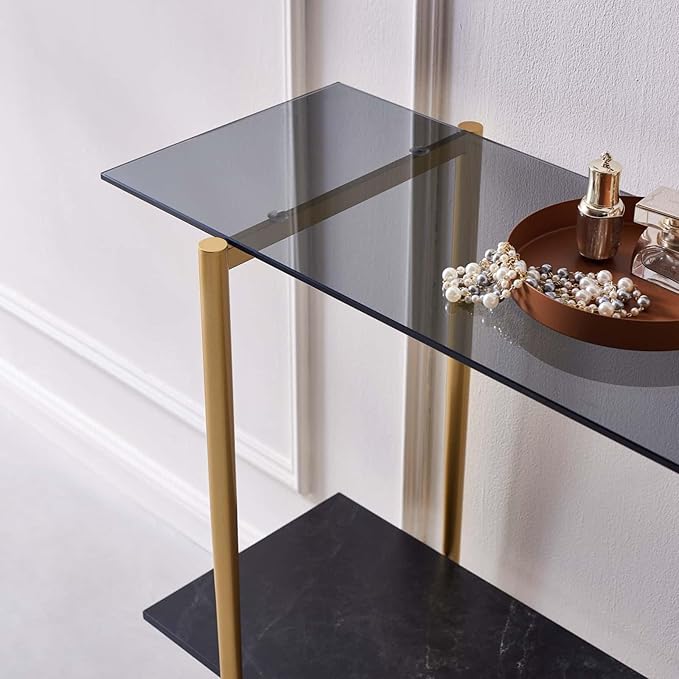 Glass Console Table for Living Room, Foyer & Entrance, 2-Tiers Mid-Century Modern Sofa Table with Grey Glass Top, Black Marble Finish Wood Shelf and Gold Finish Frame-HomvellaHome