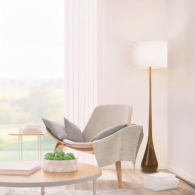 GLOBE Electric Novogratz x Harrington 65" Floor Lamp, 2-Tone Faux Wood Base, White Fabric Shade, Socket Rotary Switch 67225-HomvellaHome