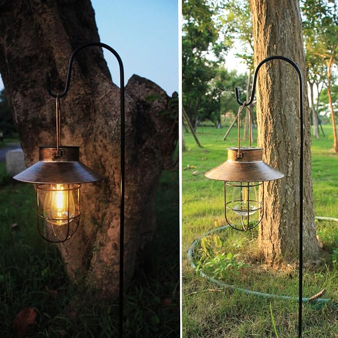 2 Pack Solar Lanterns, Outdoor Hanging Lights Metal with Shepherd Hook Warm White Edison Bulb Design for Garden and Birthday Gifts for Mom Grandma Wife ( Copper)-HomvellaHome
