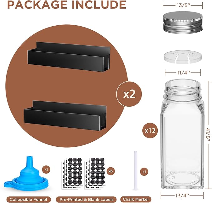 2 Pack Magnetic Spice Rack with 12 Spice Jars, Spice Labels, Magnetic Spice Organizer Shelf for Refrigerator, Microwave, Seasoning Organizer for Kitchen, Spice Jars with Label and Organizer Rack-HomvellaHome
