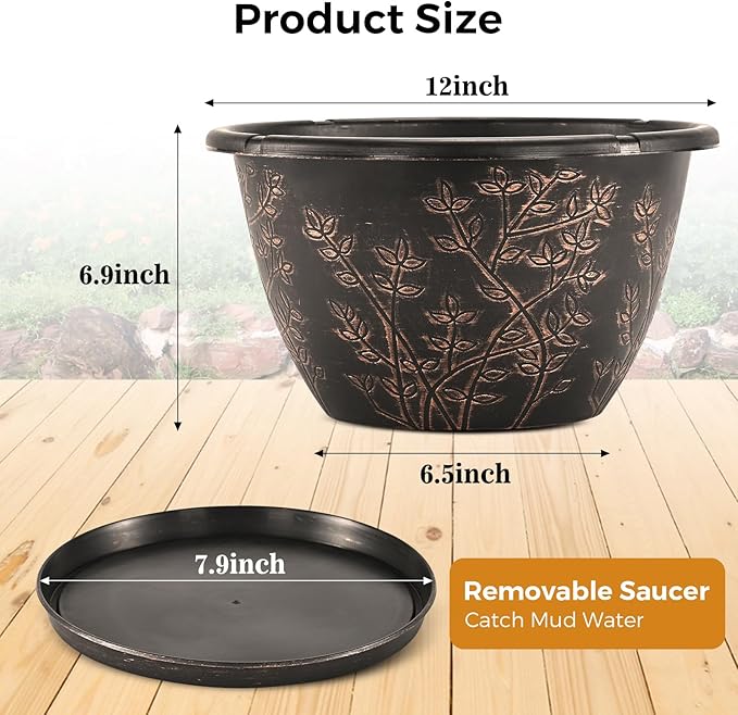 12-inch-Flower-Pots-Outdoor-Indoor, 4 Pack Plastic Planter Pots for Plant with Drainage Hole Saucer, Decorative Resin Garden Container with Tray-HomvellaHome