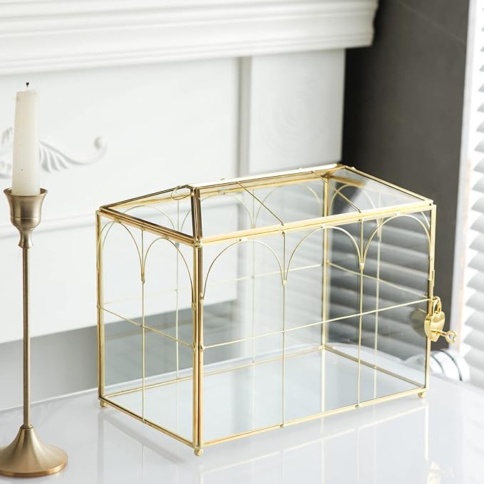 Glass Card Box with Slot, 10.2 inch Large Gold Clear Card Box for Wedding Receptions, Decorative Storage Box with Lock for Baby Shower, Birthday Party, Bridal Shower-HomvellaHome