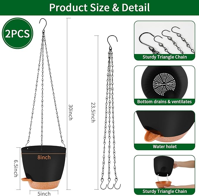 GARDIFE Hanging planters for Indoor Plants, 8 inch Hanging Planter, Self Watering Plant Pot, 2 Pack self Watering Hanging Planter, Black-HomvellaHome