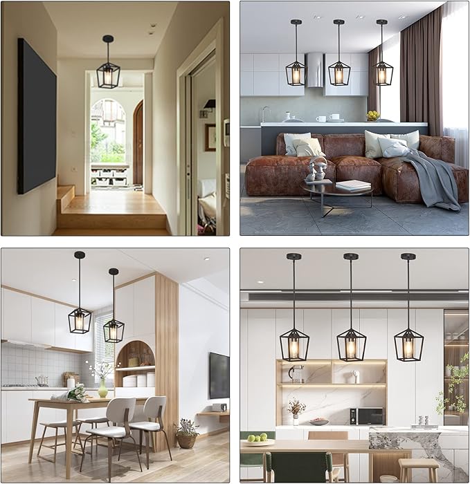 1 Pack Black Pendant Light Fixture Farmhouse Iron Cage Metal Pendant Light Lantern Hanging Light Fixtures with Clear Glass Shade for Kitchen Island, Dining Room, Hallway,Entryway1-HomvellaHome