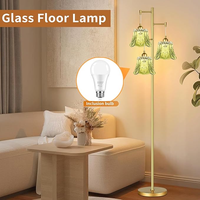 Gold Floor Lamp for Living Room,Bedroom,Tree 3 Light Standing Lamp Mid Century Modern Brass Tall Floor Lamps Vintage Retro Floor Lights Glass Green Flower Lamp Shade Farmhouse Boho Bohemian-HomvellaHome