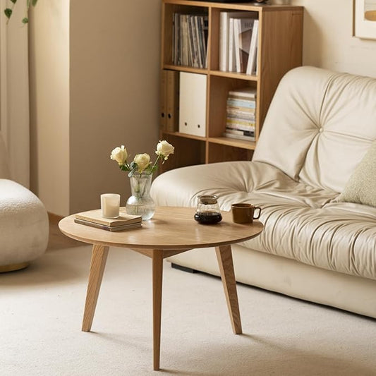 100% Solid Oak Wood Mini Coffee Table, Round Side Table w/Solid Wood Legs, Walnut Mid Century Coffee Table w/Sturdy Frame for Bedroom Balcony Living Room (29.53" D x 17.72" H)-HomvellaHome