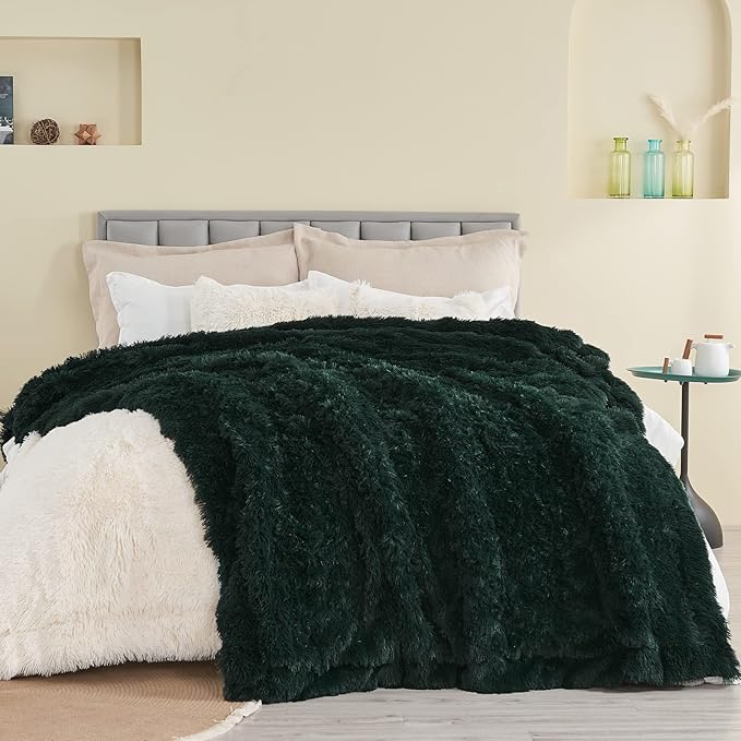 GONAAP Fuzzy Faux Fur Throw Blanket Queen Size Forest Green Super Soft Cozy Plush Fuzzy Shaggy Blanket for Couch Sofa Bed (Forest Green, Queen(90"x90"))-HomvellaHome