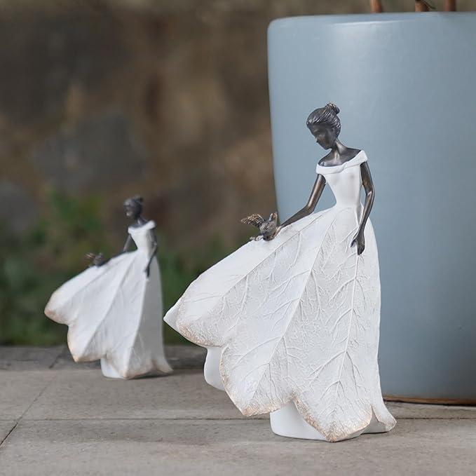 Guichifun Fairy Statue Collection Home Decoration - White Leaf Angel Girls with Bird Resin Home Decor for Outdoor or Indoor Outdoor Yard Decorations Figurines Retirement Gift 8.5 x 5.25 x 12 Inch-HomvellaHome