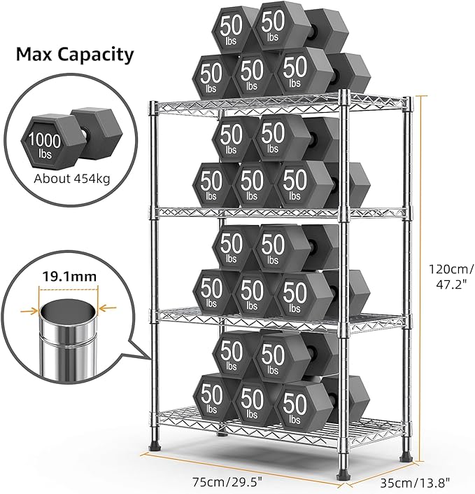 1000 lbs Storage Shelving Steel Heavy Duty 4-Tier Utility Shelving Unit Steel Organizer Wire Rack for Home,Kitchen,Office,Chrome (13.7" D x 29.5" W x 47.2" H)-HomvellaHome