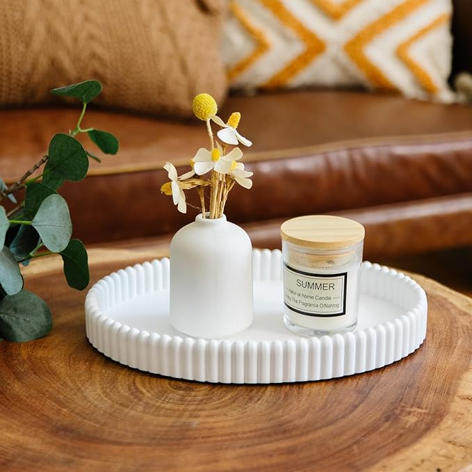 11.8in Decorative Tray for Coffee Table Decor- Modern Oval Concrete Tray for Home Decor- Minimalist Handcrafted Centerpieces Tray for Living Room, Kitchen Dining Table, Entryway (White)-HomvellaHome