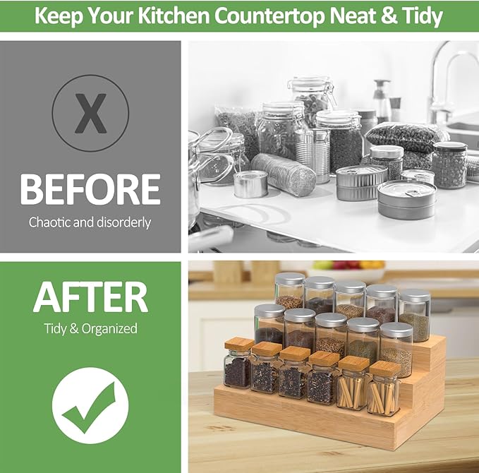 2 Pack Bamboo Spice Rack Organizer for Countertop, 3 Tier Spice Step Shelf for Cabinet (Jars Not Included)-HomvellaHome