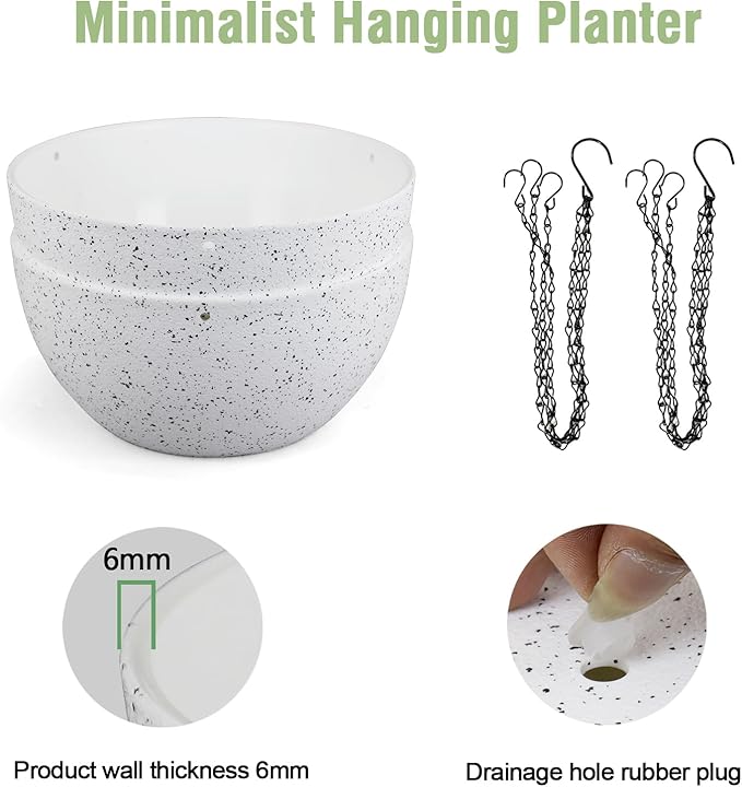 10 inch Hanging Planters for Indoor Outdoor Plants, 2 Pack Hanging Flower Pots with Drainage Holes and Chain for Garden Porch, Plastic Hanging Baskets for House Plants, Speckled White-HomvellaHome