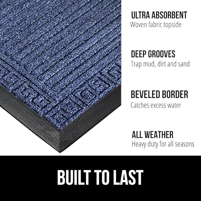 GORILLA GRIP 100% Waterproof All-Season WeatherMax Doormat 35x23, US Designed Natural Rubber, Stain and Fade Resistant, Low Profile Indoor Outdoor Door Mats, Easy Clean Patio Mat, Navy Greek Keys-HomvellaHome