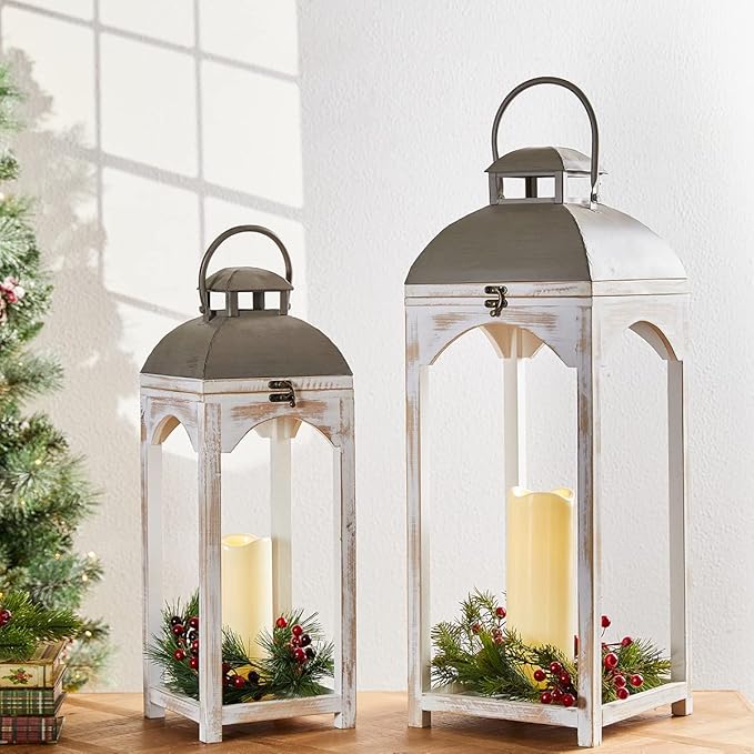 Glitzhome Set of 2 Mondern Farmhouse Wood Metal Lanterns Decorative Candle Lanterns, White (No Glass)-HomvellaHome