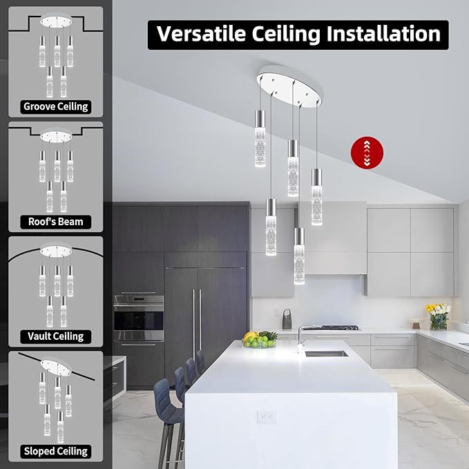 OKELI Smart Dimmable LED 5-Light Pendant Light for Kitchen Island, 18W 1350LM Modern Bubble Crystal Island Light Fixture with TUYA App & Voice Control, Adjustable 3000K-6000K, Electro-Chrome-HomvellaHome