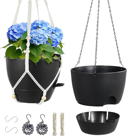 10 inch Self Watering Hanging Planters, 2 Pack Hanging Baskets for Indoor Outdoor Plants, Hanging Flower Pots with Drainage Holes & 2 Kinds of Plant Hangers for Garden Home Decor, Black-HomvellaHome