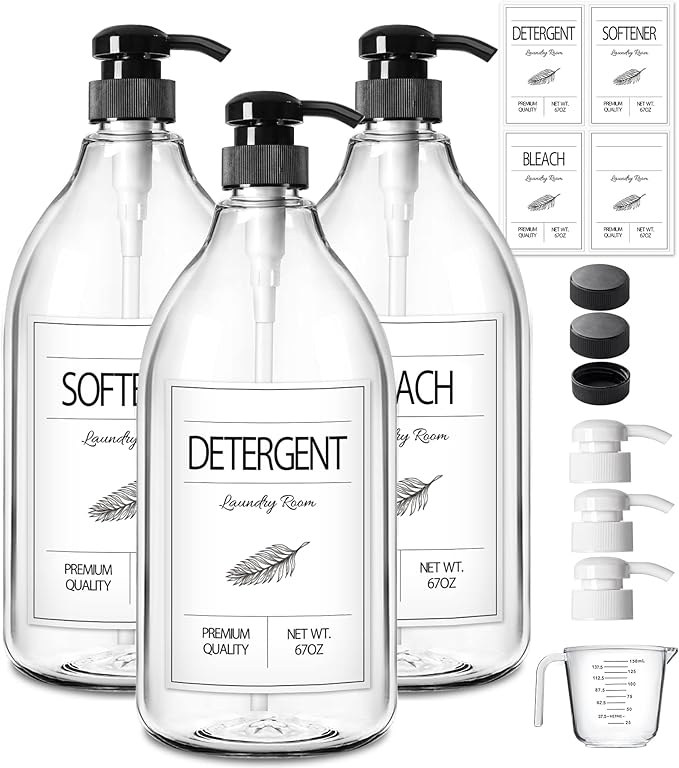 GMISUN Laundry Detergent Soap Dispenser, Liquid Laundry Detergent Dispenser, Container for Farmhouse Laundry Room Decor, Organizer for Liquid DetergentSoftenerBleach Storage Bottle(67 Oz Set of 3)-HomvellaHome