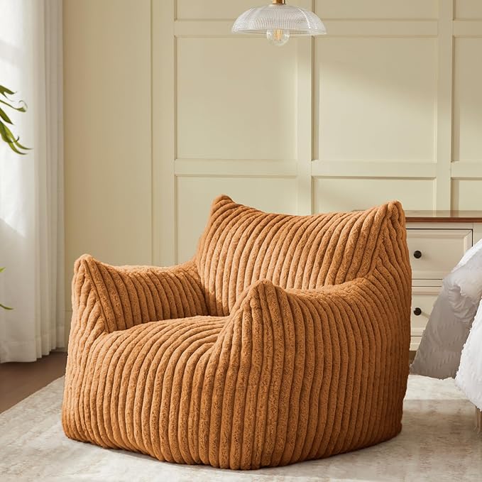 Giant Bean Bag Chairs for Adults Teens, Large Bean Bag Sofa Chairs with Filling Comfy Fuzzy BeanBag Chair with Armrests for Bedroom Living Room Reading (Brown, Medium)-HomvellaHome