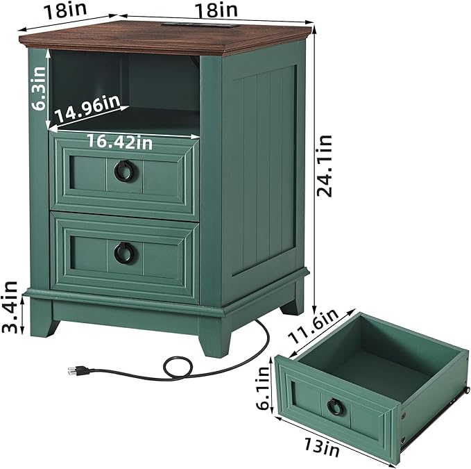18" Farmhouse Night Stands Set of 2 with Charging Station, 2 Drawers Bedside End Table, Green Wooden Nightstand, Bed Side Table Cabinet with Open Shelf for Bedroom Living Room Office-HomvellaHome