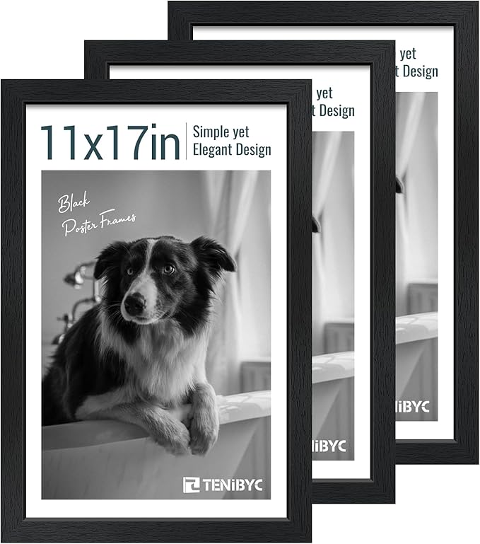 11x17 Picture Frame 3 Pack - Black Woodgrain, Solid Wood & HD Tempered Glass, Wall Gallery Poster Frame-HomvellaHome
