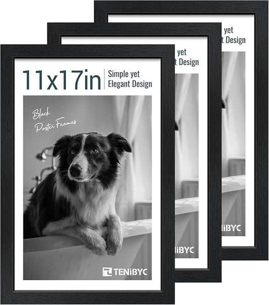11x17 Picture Frame 3 Pack - Black Woodgrain, Solid Wood & HD Tempered Glass, Wall Gallery Poster Frame-HomvellaHome