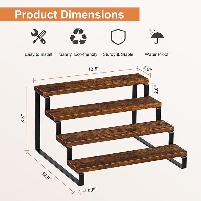 Giikin 4 Tier Spice Rack, Set of 2 Wooden Spice Rack for Countertop, Kitchen Counter Storage Shelves Cupcake Stand Holder Display Stand, Rustic Brown-HomvellaHome