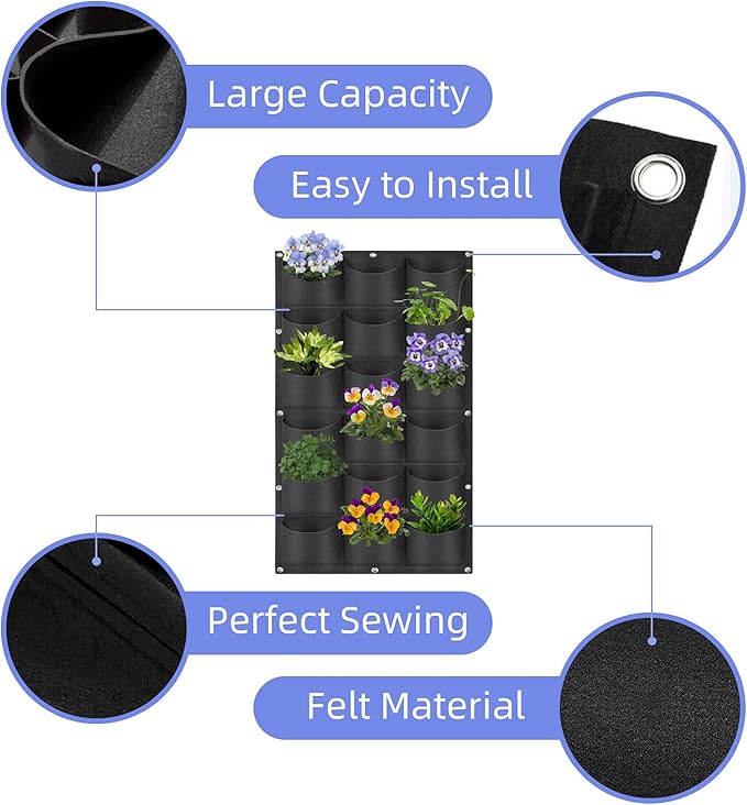 18 Pockets Hanging Planter Bags, Hanging Vertical Wall Mounted Plant Planting Grow Bags, Herb Garden Planter Outdoor Indoor Growing Bag, Gardening Vertical Greening Flower Container(1m×0.5m, Black)-HomvellaHome