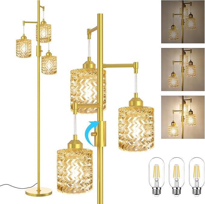 Gold Floor Lamp for Living Room Bedroom, 3-Light Vintage Standing Lamp Stained Glass, Mid Century Modern Tall Floor Lights, Amber Glass Shade with Golden Base-HomvellaHome