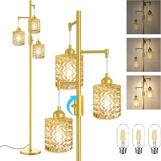 Gold Floor Lamp for Living Room Bedroom, 3-Light Vintage Standing Lamp Stained Glass, Mid Century Modern Tall Floor Lights, Amber Glass Shade with Golden Base-HomvellaHome