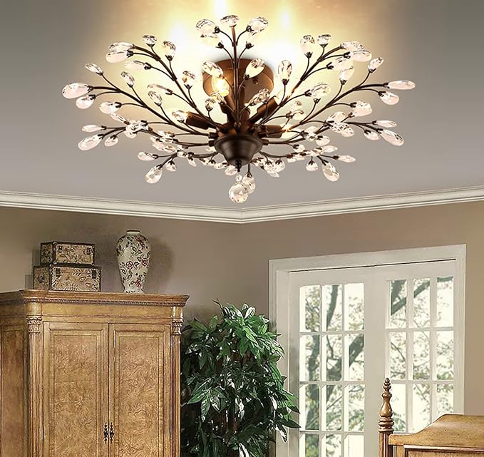 Ganeed Crystal Ceiling Light,Vintage Chandelier, Modern Elegant K9 Crystal Glass Chandelier Flush Mount Ceiling Lighting Fixture for Living Room Bedroom Restaurant Porch- Matte Black - 5 Lights-HomvellaHome