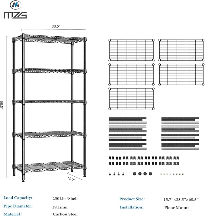 1250 lbs 5 Tier Shelf Metal Storage Shelves Shelving Wire Rack Heavy Duty Closet Organizers for Garage Kitchen Bathroom Laundry Black 15.7" D x 33.5" W x 68.5" H-HomvellaHome
