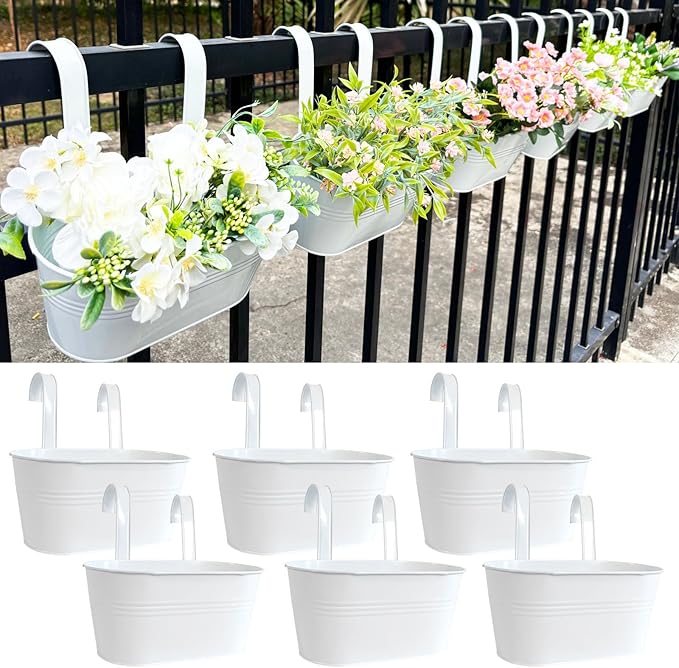 10" Hanging Flower Pots, Pack of 6 White Metal Outdoor Patio Balcony Planter, Railing Planters Fence Pot with Detachable Hook & Drainage Hole for Small Plants (White, 6Pcs)-HomvellaHome