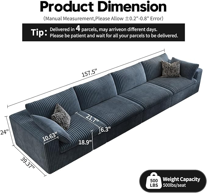 157.5" Cloud Couch Modular Sectional Sofa for Living Room,Modern Sofa with Deep Seat，4 Seater Boneless Couch,Comfy Upholstered Corduroy Couches for Apartment, Studio, Office,Bedroom，Blue-HomvellaHome
