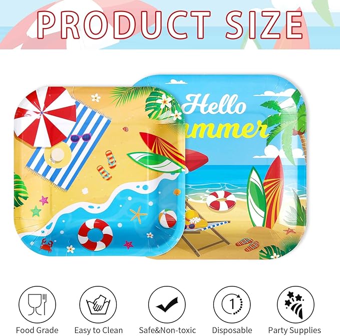 Grencian 200Pcs Beach Party Supplies Hello Summer Party Plates and Napkins Disposable Summer Pool Paper Tableware Set for Hawaiian Beach Pool Birthday Baby Showe Decorations, Serves 50-HomvellaHome