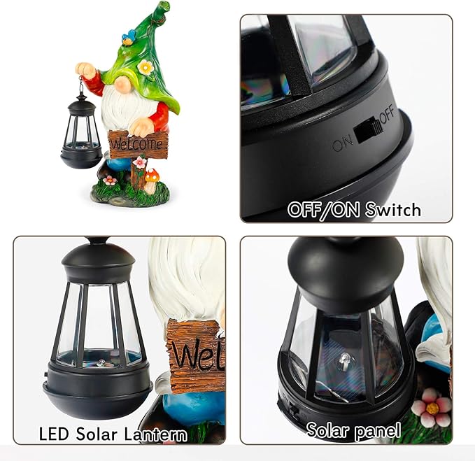 Garden Gnome Statue, Resin Figurine with Bright Solar Lantern Lights and Welcome Sign, Outdoor Solar-Powered Illumination Yard Art Decorations for Indoor Outdoor Patio Lawn Garden Room-HomvellaHome