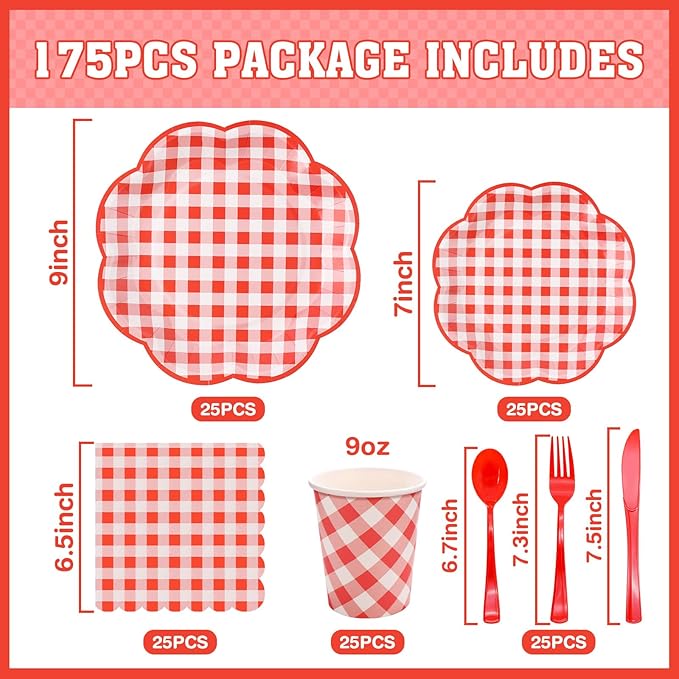 175 Pcs Red Gingham Plates and Napkins Party Supplies - Red and White Checkered Plates Sets Serve 25 Guests - Scalloped Gingham Paper Plate for Birthday Picnic BBQ Christmas Party Decorations-HomvellaHome