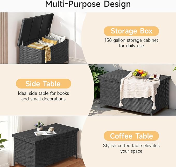 158 Gallon XL Deck Box with Lid, All Weather Wicker Outdoor Storage Box Waterproof, Large Outdoor Patio Storage Bin for Cushions, Garden Tools, Gears, Pool Accessories, Black-HomvellaHome