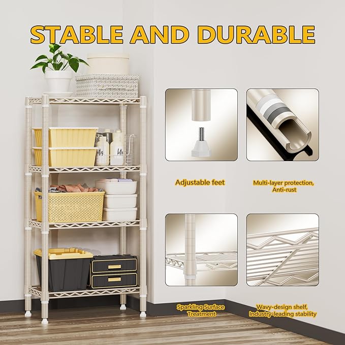 1000 lbs 4-Shelf Standing Storage Shelves Heavy Duty Metal Shelving Unit Adjustable Wire Rack for Office Garage Kitchen, Light Tan 11.8 D x 23.6" W x 47.5" H-HomvellaHome