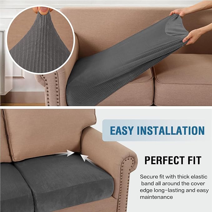 H.VERSAILTEX Velvet Stretch Couch Cushion Cover Plush Cushion Slipcover for Chair Cushion Furniture Protector Seat Cushion Sofa Cover (1 Piece Armchair Cushion Covers, Grey Striped)-HomvellaHome